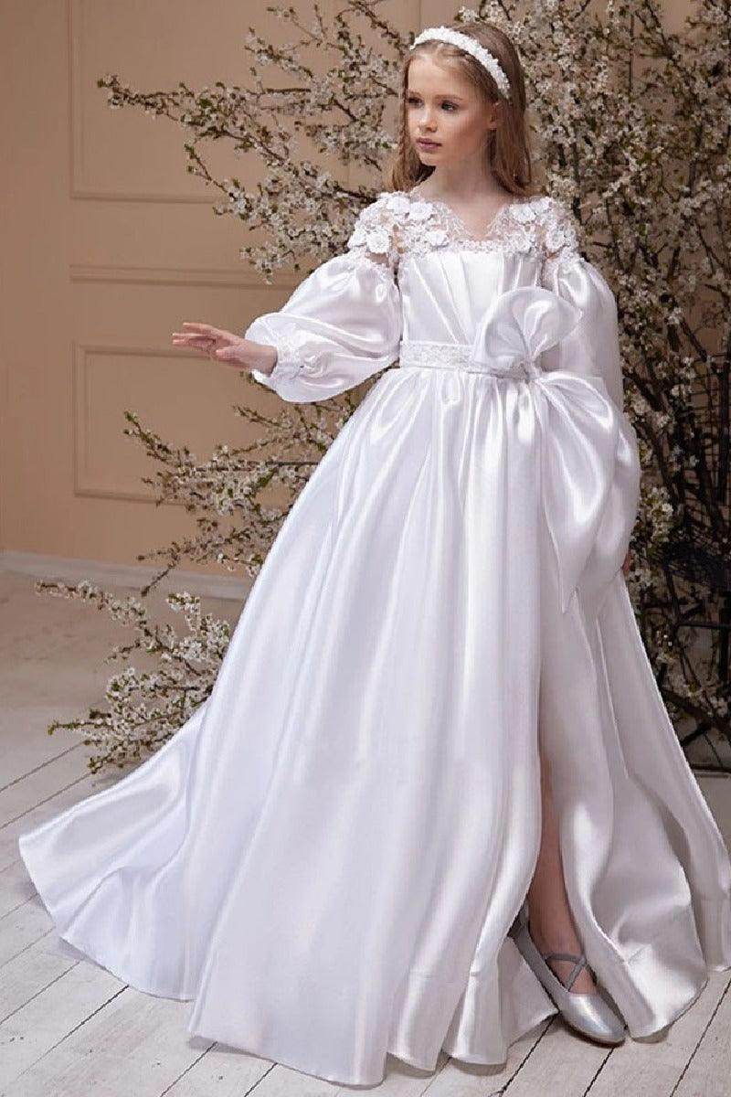 A-Line Illusion Neck Long Sleeve Satin Flower Girl Dresses 750796600612 - COCOMELODY